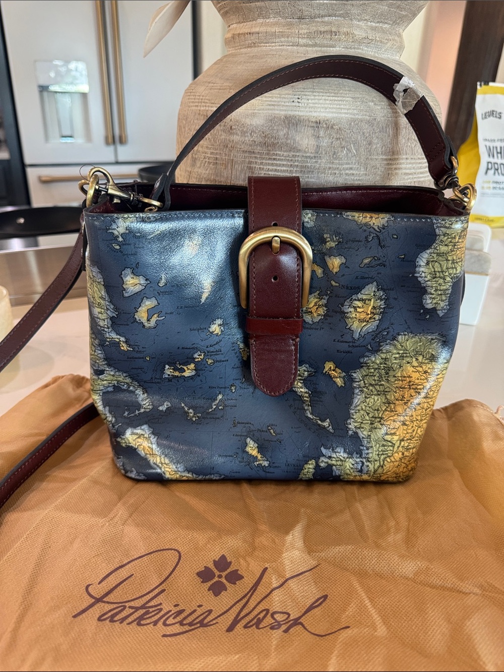 NWT Patricia Nash Navy Map-Print Leather Crossbody with Brown Trim